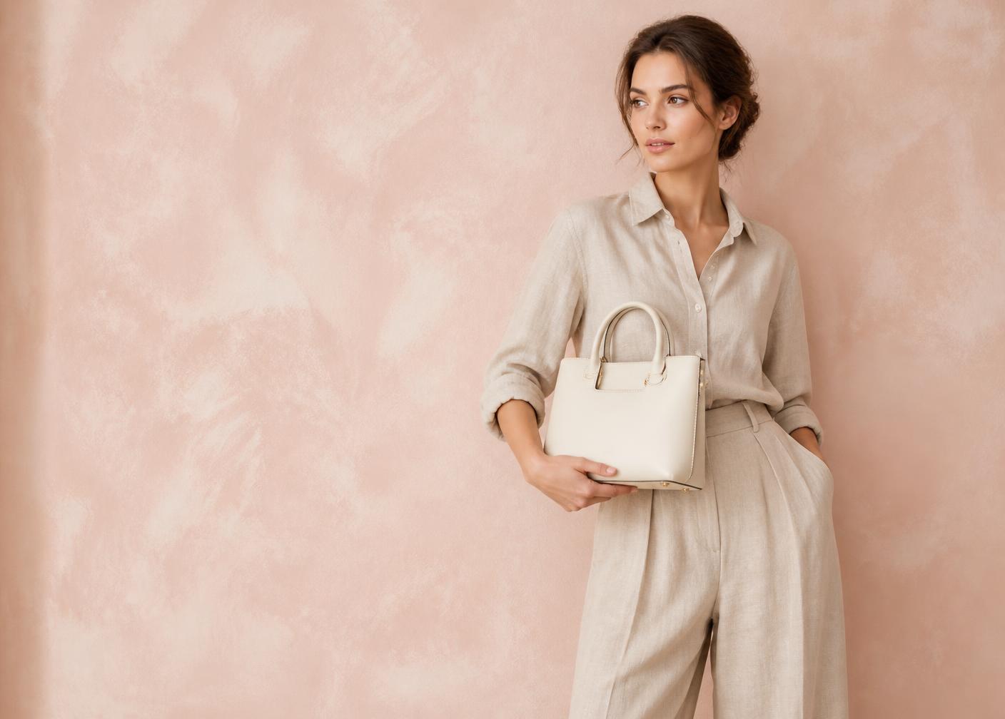Woman in linen outfit holding a cream leather handbag